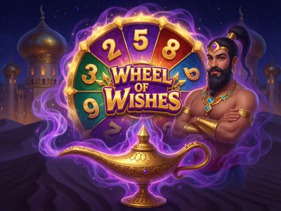 Wheel of Wishes Jackpot Slot mit Flaschengeist aus goldener Wunderlampe und Bonusrad