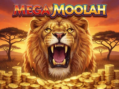 Mega Moolah Jackpot Slot mit majest&auml;tischem goldenen L&ouml;wen vor afrikanischer Savanne