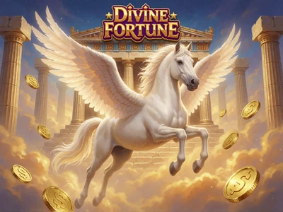 Divine Fortune Jackpot Slot mit wei&szlig;em Pegasus &uuml;ber antiken griechischen Tempels&auml;ulen