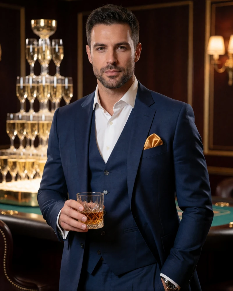 Eleganter Herr im ma&szlig;geschneiderten Anzug mit Whiskeyglas in der VIP-Lounge des Millioner Casino