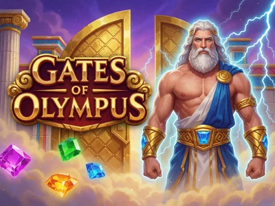 Gates of Olympus Slot mit Zeus, Blitzen und goldenen Tempeltoren &uuml;ber den Wolken