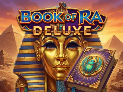 Book of Ra Deluxe Slot mit goldener Pharaonenmaske und mystischem Buch vor Pyramiden