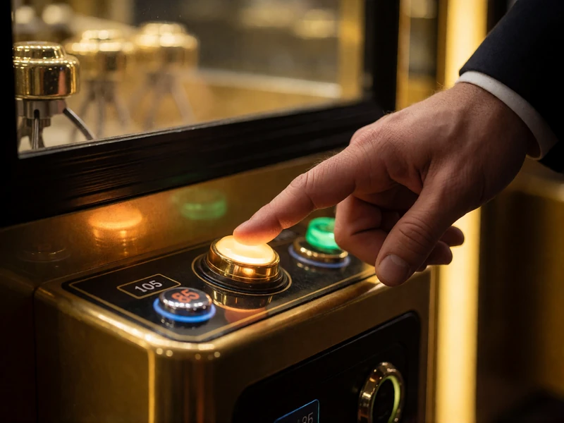 Hand dr&uuml;ckt leuchtenden goldenen Knopf an der luxuri&ouml;sen Bonus Crab Greifmaschine