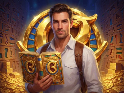 Book of Dead Slot mit Abenteurer Rich Wilde und goldenem Buchsymbol vor &auml;gyptischer Schatzkammer