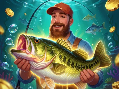 Big Bass Bonanza Slot mit fr&ouml;hlichem Angler und riesigem leuchtendem Barsch unter Wasser