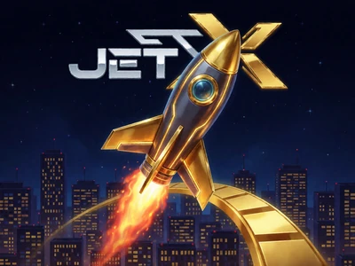 JetX Crash Game mit futuristischer goldener Rakete &uuml;ber n&auml;chtlicher Skyline