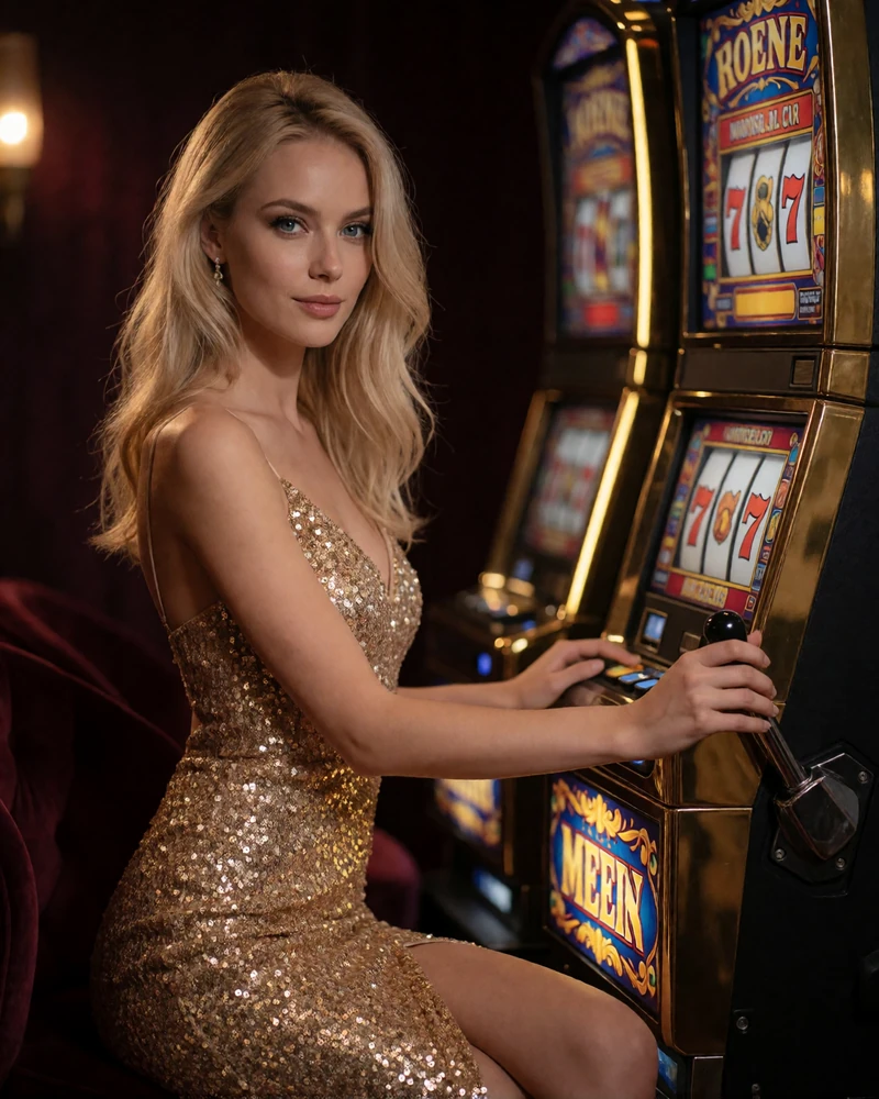Elegante blonde Frau im goldenen Paillettenkleid an einem luxuri&ouml;sen Spielautomaten im Millioner Casino