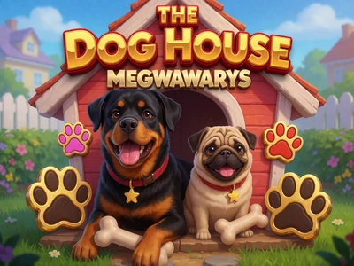 The Dog House Megaways Slot mit niedlichen Cartoon-Hunden in einer gem&uuml;tlichen Hundeh&uuml;tte