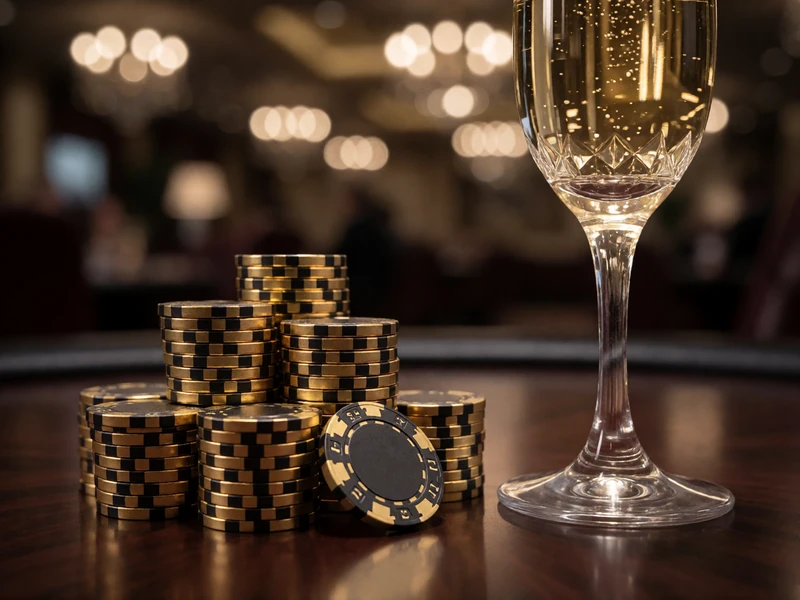 Goldene Casino-Chips und Champagnerglas als Symbol f&uuml;r den Millioner Willkommensbonus