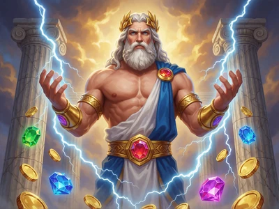 Gates of Olympus Slot mit Zeus und Blitzen &uuml;ber goldener Gewinnkaskade